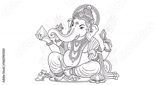 Intricate line art drawing of Lord Ganesha for coloring books, creative projects, and Hindu celebrations