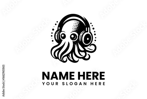 Monochrome Octopus DJ with Headphones and Halftone Details Illustration.