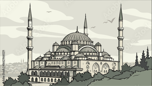 Explore istanbul turkey landmark architecture and historical mosque dome with minarets drawing design