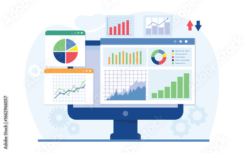Business analysis, market research, product testing, and data analysis concept. Business graph information report analysis. Business data analysis. Vector illustration.