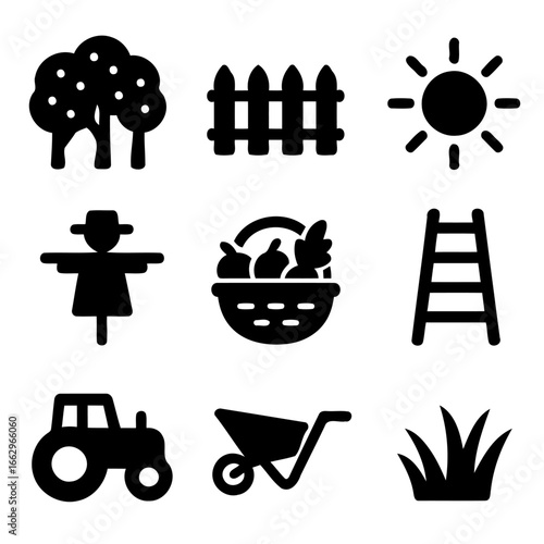 Farm Life Icon Set: A curated collection of stylized icons representing key elements of farm life, meticulously rendered in a cohesive and visually appealing set.