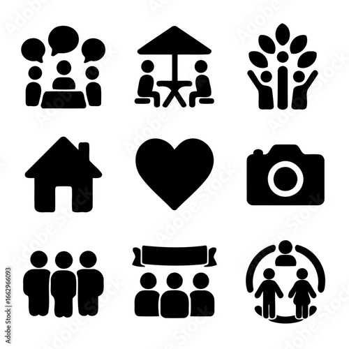Community and Connection Icons: A collection of minimalist icons representing various aspects of community, social interaction, and connection.
