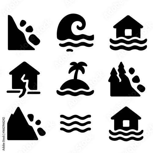 Illustrative icons: This graphic image is designed to depict natural disasters. 