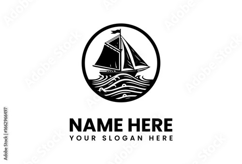 Silhouette of a classic sailboat sailing on stylized waves within a circle.