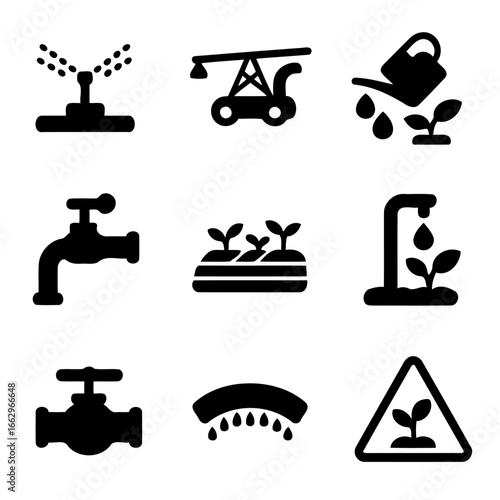 Watering the Future: A visually appealing illustration of various irrigation tools. Showcasing water resources for plants and gardens. A clear representation of water conservation.