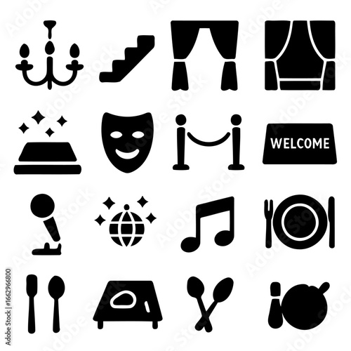 Entertainment and Celebration Icons: A curated array of detailed icons depicts the essence of entertainment and celebration, ideal for design elements and graphic assets.