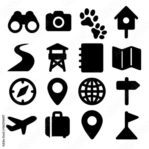 Travel & Outdoor Icon Collection: A curated set of black and white icons representing essential elements for travel, exploration, and the appreciation of the great outdoors.
