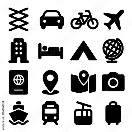 Essential Travel Icons: A set of sixteen meticulously crafted black icons representing various aspects of travel. Capturing the essence of journey, adventure, and exploration.