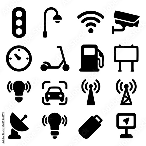 Urban Icons: A collection of modern, clean, and minimalist urban lifestyle and technology icons including traffic lights, street lamps, wifi, cctv, electric scooter, speed meter.