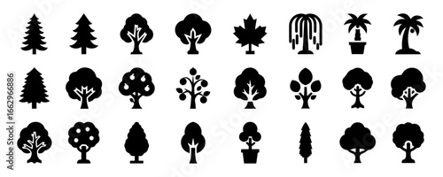 Minimalistic tree silhouette icons set representing different types of trees including pine, oak, palm, deciduous, and forest symbols vector illustration in bold solid style