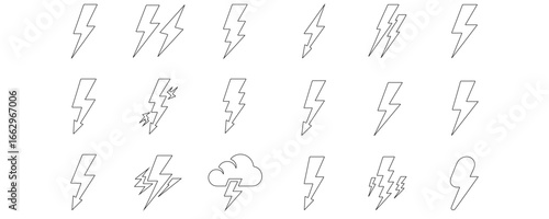 Minimalistic outline lightning bolt icons set representing electricity, energy, thunder, high voltage, and power symbols vector illustration in clean linear style