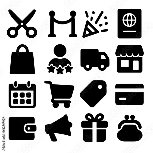 Icons of Commerce: A set of meticulously crafted vector icons that perfectly capture the essence of shopping, business, and commerce, featuring a shopping bag, scissor, credit card, a shopping cart.