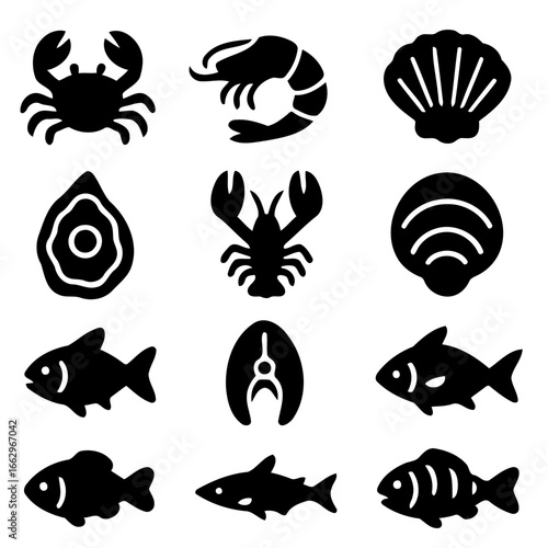 Seafood Icons: A collection of classic seafood icons. Each silhouette represents a fresh catch, ideal for any culinary design.