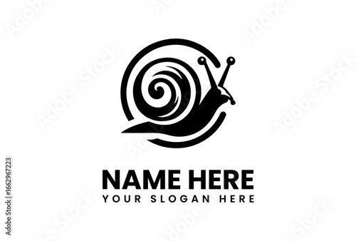 Sleek Black Snail Logo with Circular Shell and Antennae Design.