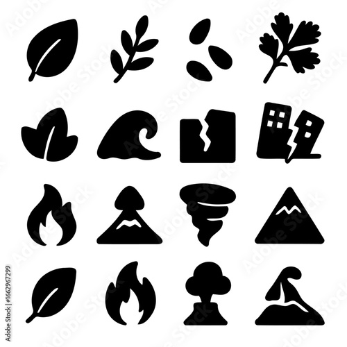 Abstract Elements of Nature and Disaster: A series of meticulously crafted icons, representing the multifaceted elements of nature, encompassing both its beauty and destructive forces.