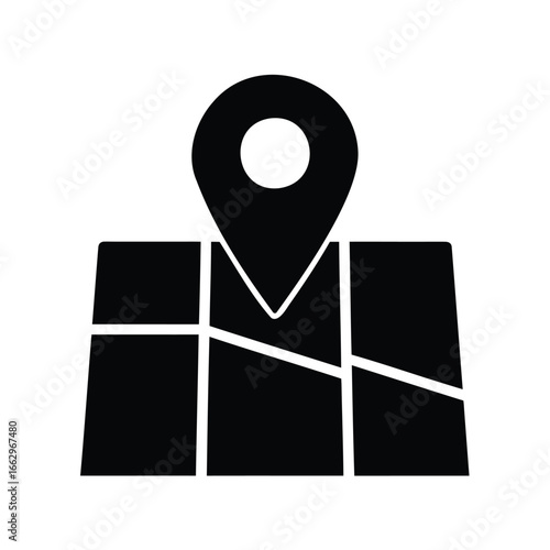 Black map icon with location pin, navigation and route finding concept