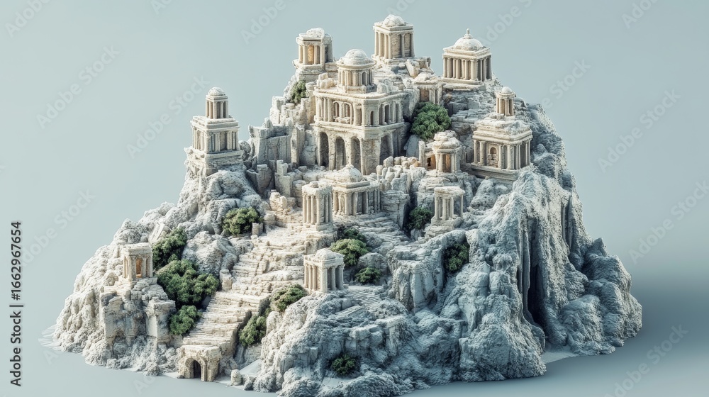 Naklejka premium A 3D representation of an ancient city made of stone and glass, mystical and historical 