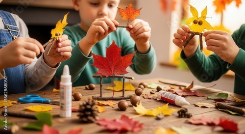 children creating autumn leaf crafts with colorful leaves and glue. engaging art project fostering creativity and teamwork. perfect seasonal activity highlighting hands-on learning and fun
