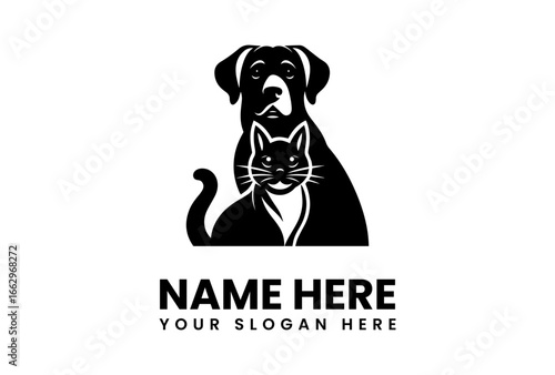 Stylized Black and White Silhouette of a Dog and Cat Companionship.