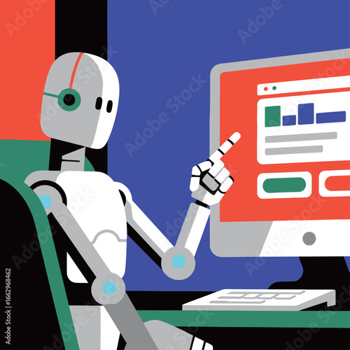 A robot with a headset engages with a computer showing charts and graphs in a vibrant office setting. The colors create an energizing atmosphere.