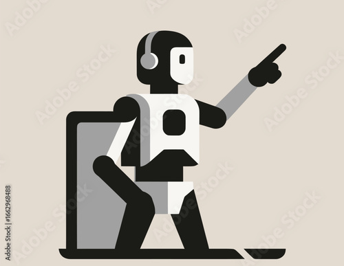 A robot character with a headset is pointing to the right, symbolizing communication and technology. The design is minimalist and emphasizes robotics and modern innovation.