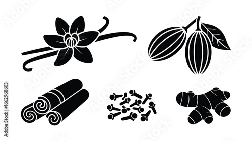 Black and White Spice Icons Vanilla Cacao Cinnamon Cloves Ginger