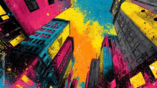 A digital illust n depicting a futuristic surreal cityscape with bold vibrant colors and geometric shapes representing modern skyscrapers