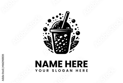 Stylized Boba Tea Logo with Bubbles and Leaves in Black and White.