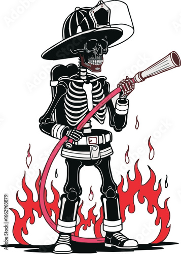 A skeletal firefighter bravely battles a fiery inferno, hose in hand, a stark illustration of death and duty.