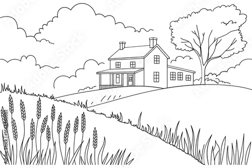 Line art of a farmhouse in a field with clouds