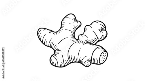 Hand drawn ginger root illustration in black and white outline