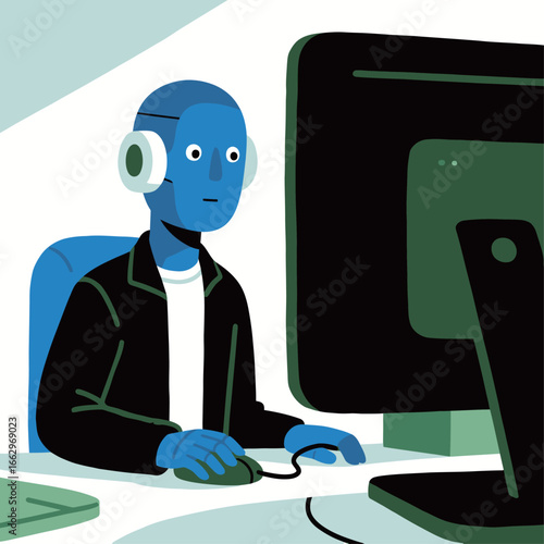 An individual with blue skin and headphones sits at a desk, intently engaged with a computer screen in a stylish workspace. The atmosphere suggests concentration and modernity.