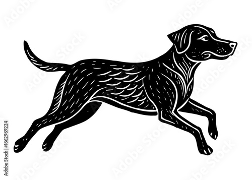 Labrador Retriever Running Silhouette Linocut, Active Dog Vector Illustration