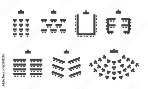 Seating layouts for conference, banquet, classroom, theater, U-shape table. Icons for event planning and presentations. Vector