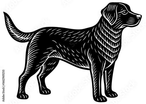 Labrador Retriever Standing Silhouette Linocut, Pet Dog Vector Art
