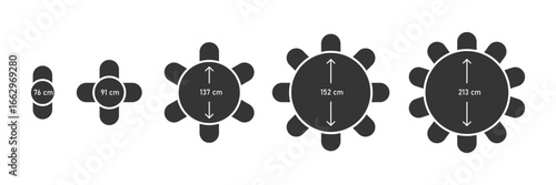 Round Table Seating Charts with Sizes. Vector illustration of round tables with dimensions and seating arrangements. Sheme for banquet, wedding, catering, and event planning.