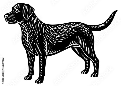 Labrador Retriever Standing Silhouette Linocut, Pet Dog Vector Art