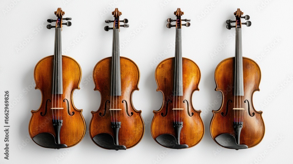 Naklejka premium Four violin instruments hanging on a white wall.