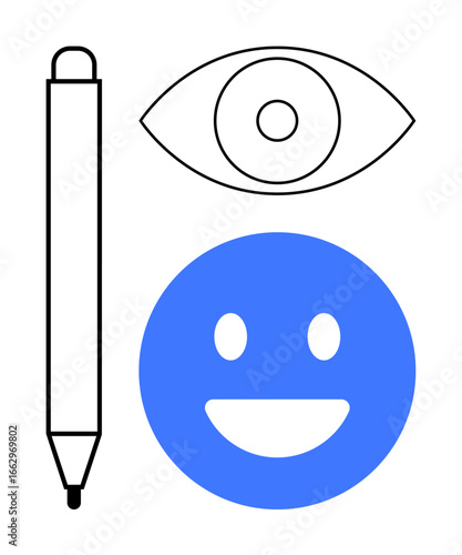 Pen, eye, blue happy face depicting creativity, observation, positivity, and communication. Ideal for education, teamwork, digital tools self-expression mental health social interaction simple