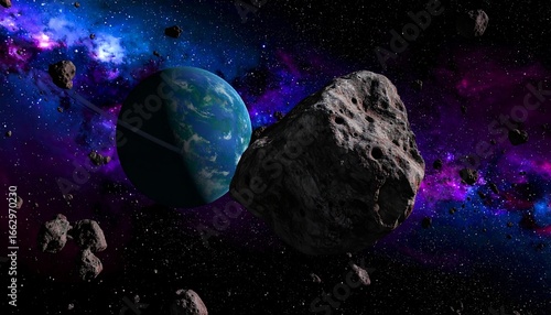 Planet threatened by asteroids in space