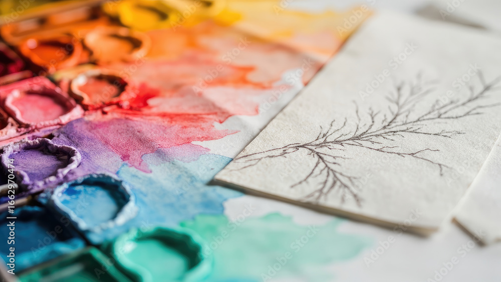 Naklejka premium Watercolor palette with colorful paints and a drawing of a branch on a white paper sheet art supplies close up