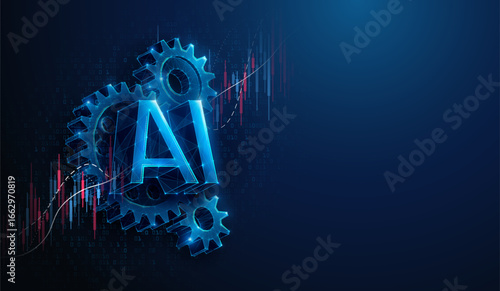 Low-Poly Artificial Intelligence Technology Gears Over Growing Stock Market. Abstract vector illustration depicting AI tech industry growth financial concept made of wireframe mesh on blue background.