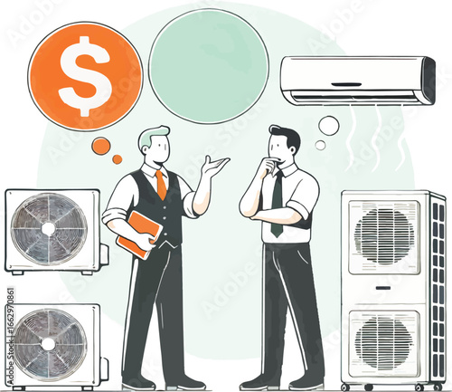 Two Businessmen Discussing Air Conditioner Costs and Options