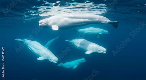 Beluga Whales Swimming Together in Blue Ocean