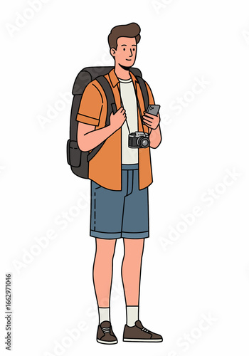 Young male backpacker with travel gear, camera, and rucksack, looking at his smartphone. Flat vector illustration character isolated on a white background