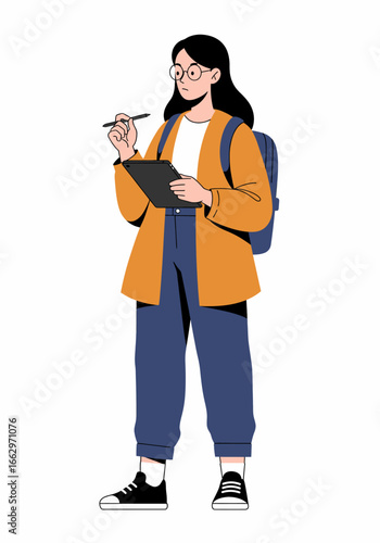 Modern young woman with glasses and a backpack uses a digital tablet and stylus for creative design or study, a flat illustration representing education and technology
