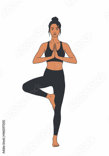 Line art illustration of a fit woman practicing yoga in the Tree Pose, Vrikshasana. Female character for wellness and balance concepts