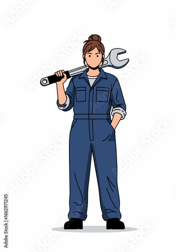 Confident Female Mechanic with Wrench - Illustration