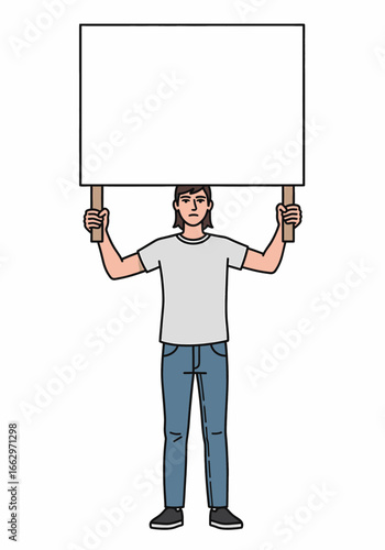 Full body illustration of a person holding a blank protest sign. Vector graphic of an activist with an empty board for your message