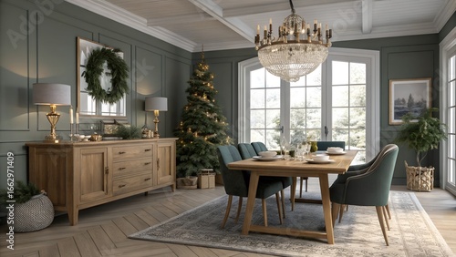 Scandinavian Christmas dining room with extendable farmhouse oak wood table and elegant holiday styling for Mid-Atlantic homes
